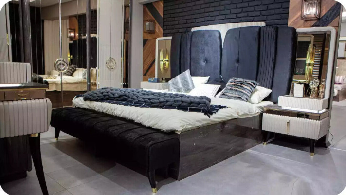 Double bed Modern Bedroom Suite Bed Set 4pcs Stool Black