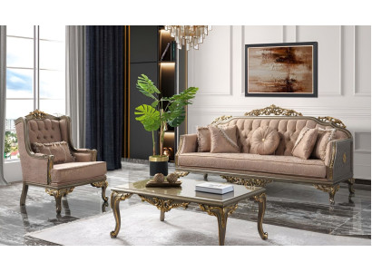 Chesterfield Sofa set Three Seater Armchair Fabric Coffee table Beige new