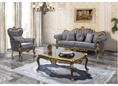Sofa set Chesterfield upholstered sofa Blue three-seater armchair set