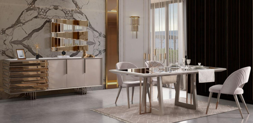 Luxury dinette Dining set Dining room Dining table Chairs Beige Wood Set 8pcs
