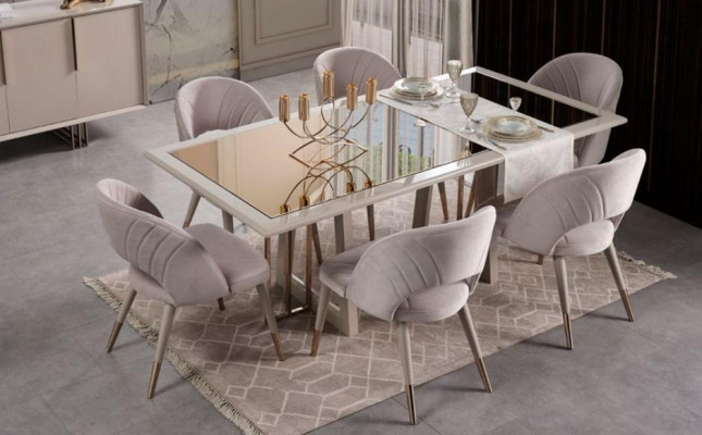 Luxury dinette Dining set Dining room Dining table Chairs Beige Wood Set 8pcs