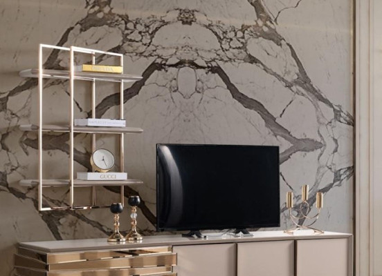 TV-cabinet Lowboard TV Stand Sideboard Beige Gold Living room Set Shelves new
