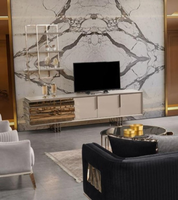 TV-cabinet Lowboard TV Stand Sideboard Beige Gold Living room Set Shelves new