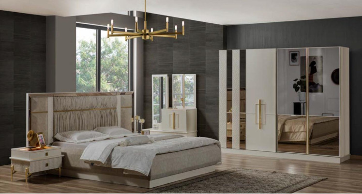 Luxury Double bed Bedroom Suite Wood Beige Fabric Bed Set 5pcs