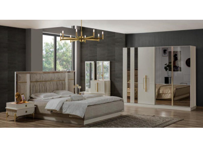 Double bed Bedroom Suite Wood Beige Fabric Bedside tables Set 4pcs