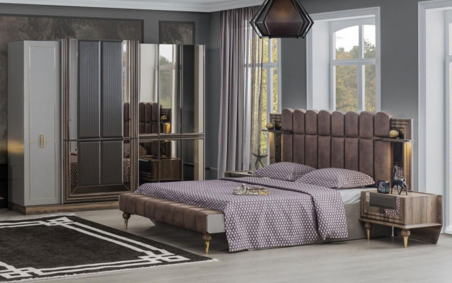 Bedroom Suite Luxury Double bed Wood Brown Fabric Bed Set 4pcs