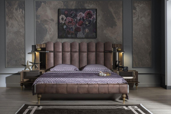 Bedroom Suite Luxury Double bed Wood Brown Fabric Bed Set 4pcs