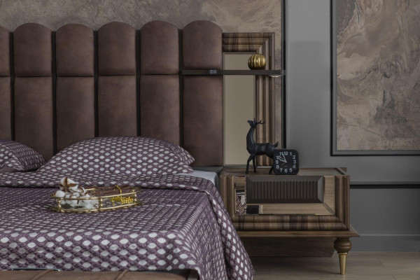 Bedroom Suite Luxury Double bed Wood Brown Fabric Bed Set 4pcs