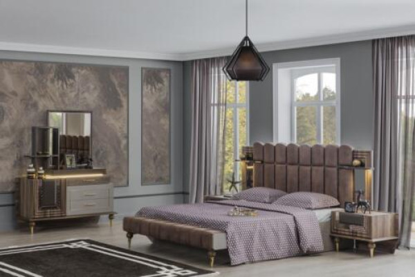 Double bed Suite Luxury Bedroom Wood Brown Fabric Bed Set 4pcs