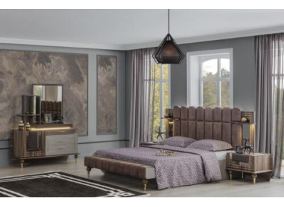 Double bed Suite Luxury Bedroom Wood Brown Fabric Bed Set 4pcs
