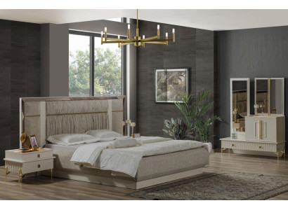Bedroom Double bed Suite Wood Beige Fabric Bedside tables Set 3pcs