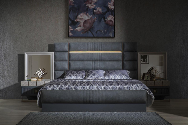 Bedroom Double bed Gray Suite Set 4-piece Modern Bed Bedside tables