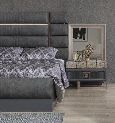 Bedroom Double bed Gray Suite Set 4-piece Modern Bed Bedside tables