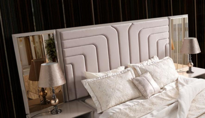 Suite Double bed Bed Beige Wood Luxury Modern Bedroom Set 3pcs