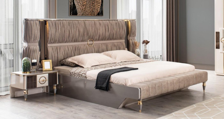 Luxury Double bed Suite Bed Beige Wood Modern Bedroom Set 3pcs