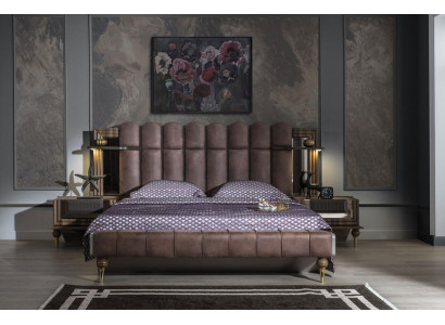 Complete e Bedroom furniture Double bed Brown Fabric Bed Set 3-piece Bedside tables