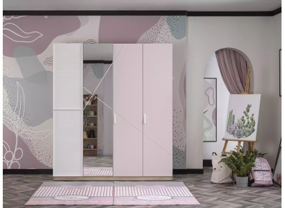 Wardrobe Wardrobe Childrens room Wood Pink Mirror 4 doors Moden