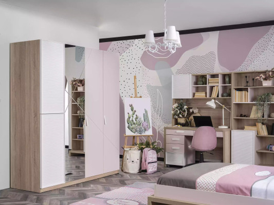 Wardrobe Wardrobe Childrens room Wood Pink Mirror 4 doors Moden