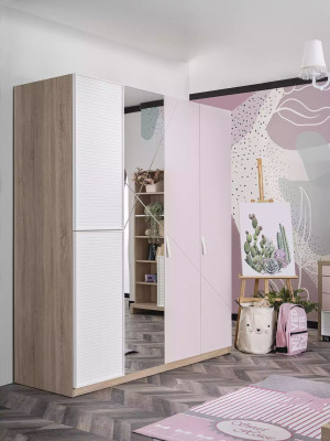 Wardrobe Wardrobe Childrens room Wood Pink Mirror 4 doors Moden