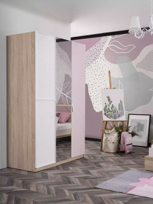 Modern children's room wardrobe three-door wooden furniture mirror cabinet