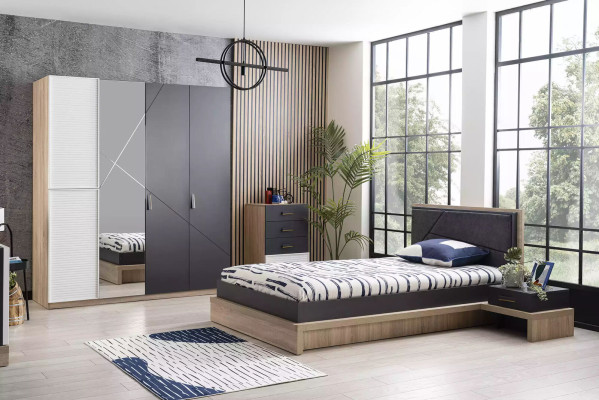 Wardrobe 4 Doors Moden Wardrobe Wood Gray Mirror Childrens room
