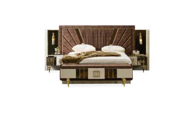 Modern Bed 2x Bedside tables with Bench seat stainless steel Design Beds new 3 pcs. Brown