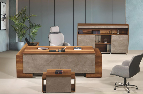 Office furniture Corner Office table Complete e Office Office desk Set 3-piece Wood Brown