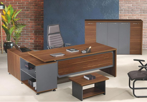 Group Corner Office table Complete e Office desk Set 3-piece Wood Office furniture Brown