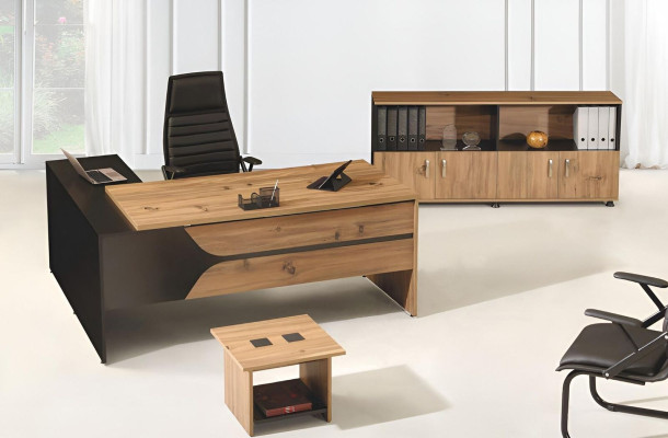 Office Computer Furniture Work Table Office Furniture Table 3-Piece Wood Set Brown
