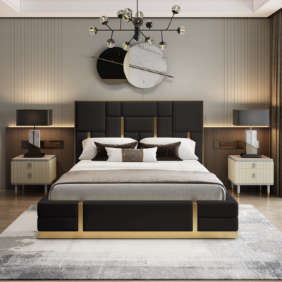 Black Bedroom Bed Designer Wood Double bed Luxury stainless steel bed