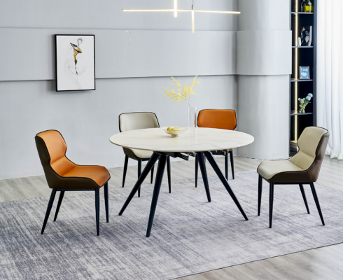Dining room Furniture Luxury round table 6x textile chairs Dining room set 7 pieces