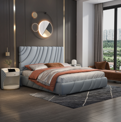 Gray Imitation leather Double bed Modern stainless steel bed Luxury wooden frame