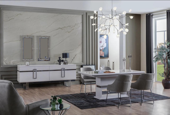 Design Dining room Set Dining table + 4x Chairs + Sideboard with 2x Mirror 8 pieces