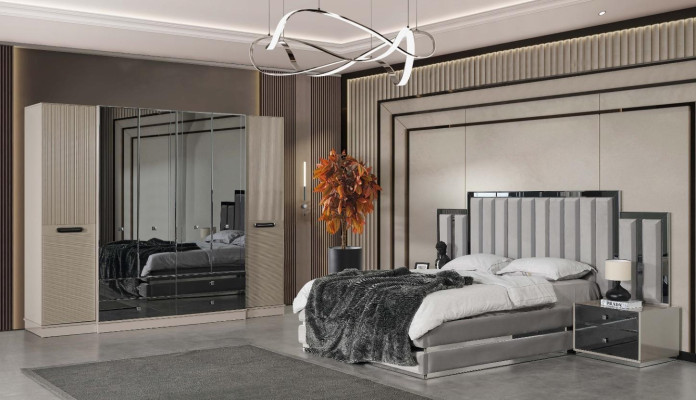 Complete e Bedroom Double bed Bed Bedside tables 4-piece Gray Wardrobe