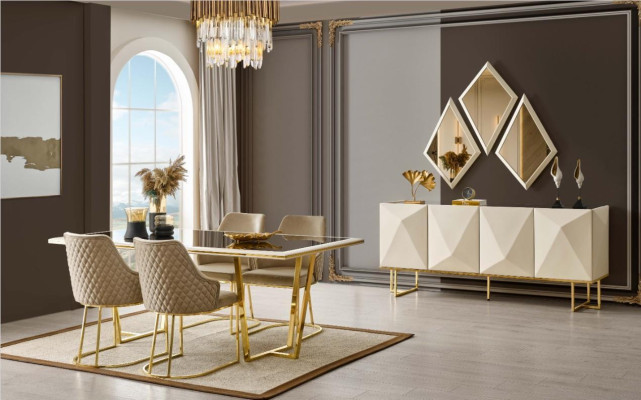 Luxury dinette Dining set Dining table Chairs Beige Set 11pcs Dining room