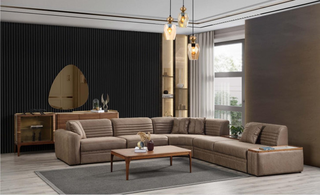 Corner sofa Sofa Imitation leather Coffee table Brown Upholstered sofa Living room