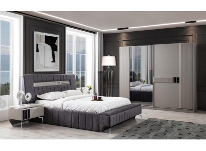 Bedroom Suite Double bed Bed Bedside tables 4pcs Gray Wardrobe