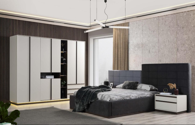 Bedroom bed suite double bed bed bedside tables 3 pieces gray modern