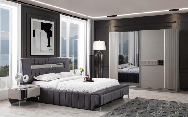 Double bed Suite Bedside tables Bedroom Bed 3pcs Gray bed frame