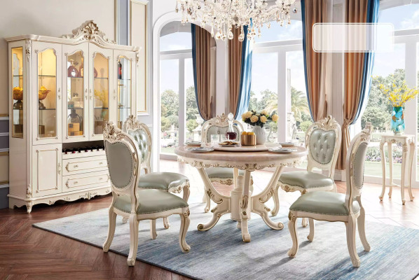 Pearl white Dining room Set Dining table 6x Chairs Display case 8-piece luxury set