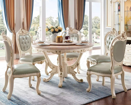 Pearl white Dining room Set Dining table 6x Chairs Display case 8-piece luxury set