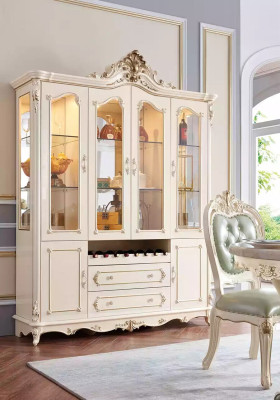Pearl white Dining room Set Dining table 6x Chairs Display case 8-piece luxury set