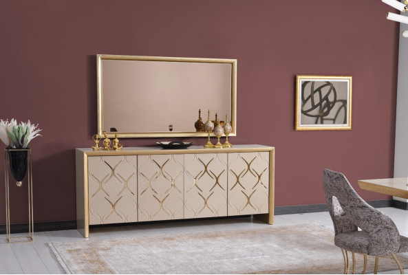 Dining room Suite Sideboard with Mirror Luxury Sideboard Wood beige 2-piece
