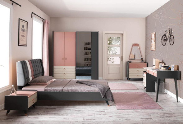 Bedroom 6tlg Bed Bedside table Wardrobe Chest of drawers Mirror Desk