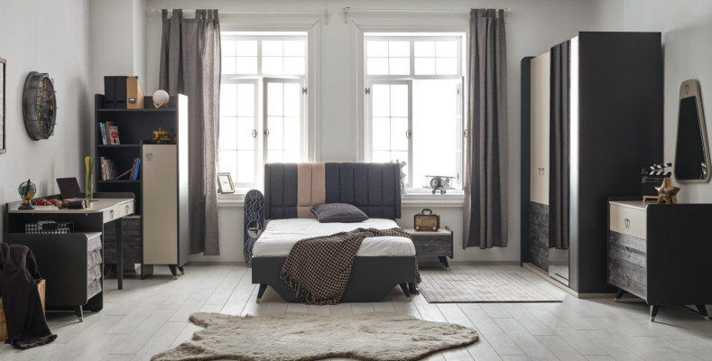 Luxurious gray bedroom set youth room children's room 7-piece bed