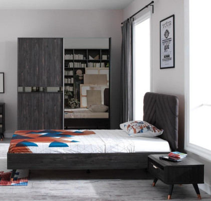 Luxurious Bedroom Black stylish Bed Bedside table Wardrobe