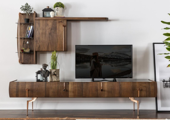 Wall unit TV-cabinet Lowboard TV Stand Sideboard Suite Brown Wood Shelves