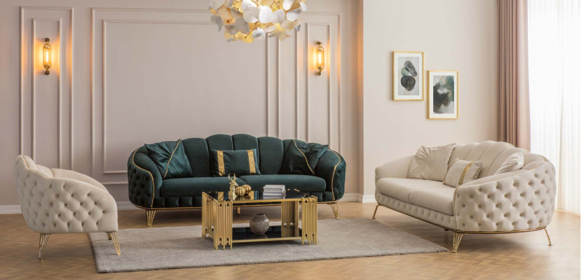 Modern Chesterfield Green Sofa 3 Seat Couches Three Seater New Textile Metal