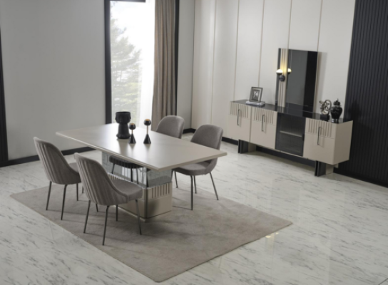 Gray Dining room Furniture Luxury Dining table Upholstered chairs Chest of drawers Mirror 7pcs