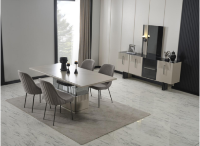 Gray Dining room Furniture Luxury Dining table Upholstered chairs Chest of drawers Mirror 7pcs